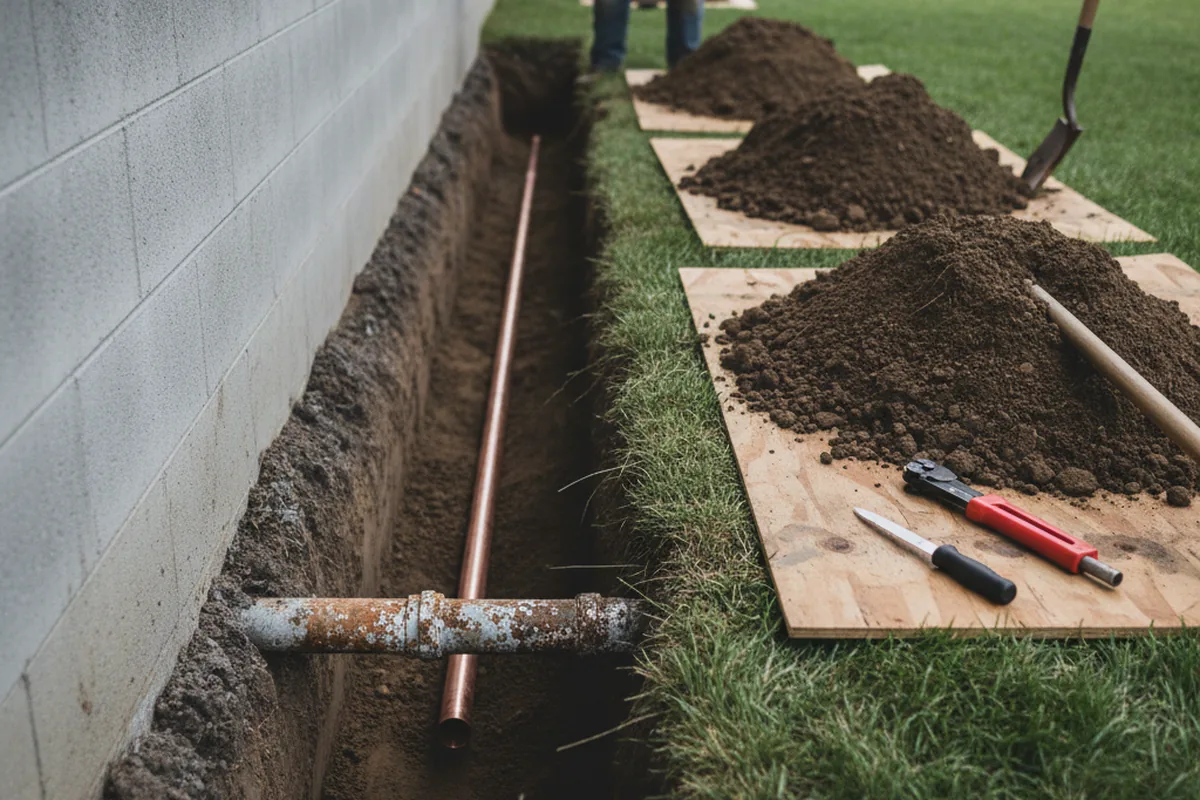 Excavated water line trench during Sewer Line Repair in Maple Falls